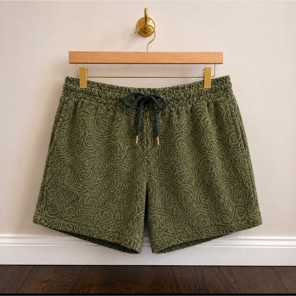OAS Men Olive Green Swirl Jacquard Terry Cotton Shorts Size Medium